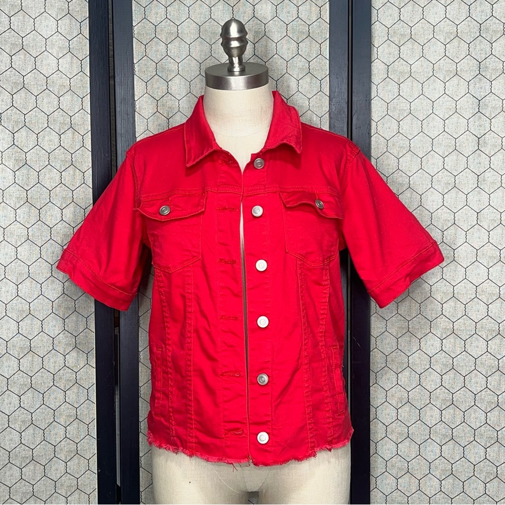 Zig Zag Short Sleeve Red Denim Jacket